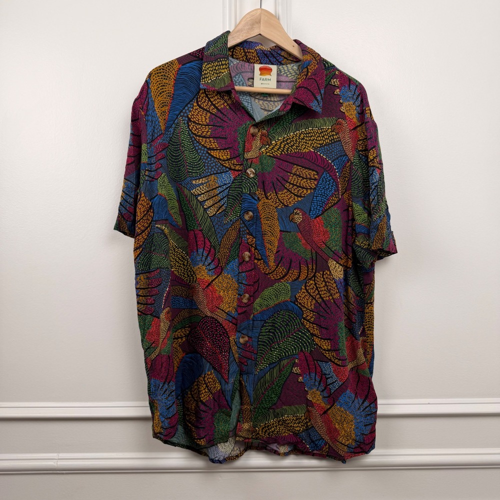 Farm Rio Mens Tropical Parrot Print Short Sleeve Button Down Shirt Size L